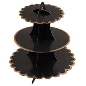 3 Tier Cup Cake Stand 35cm high Black with Gold Edge #