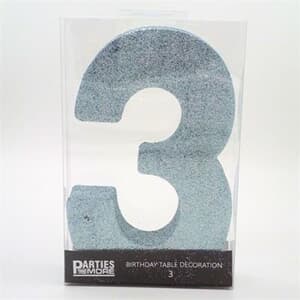 Foam Glitter Number 3 Centerpiece Light Blue with adhesive base