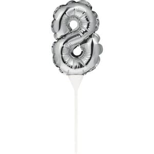 Self Inflating Mini Balloon Cake Topper 8 Silver/centrepiece 10.7cm x 22.8cm (includes cup/stick) #