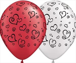 Qualatex Balloons Swirl Hearts Asst Ruby Red & Pearl White with Black Ink 28cm #
