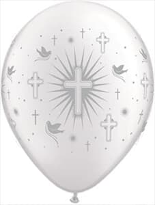 Qualatex Balloons Cross and Dove Pearl White (Silver ink) 28cm #